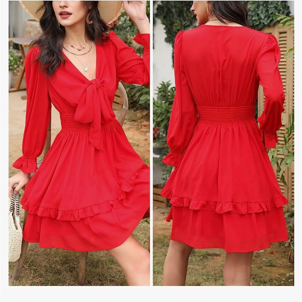 Bright red, long sleeve mini dress.